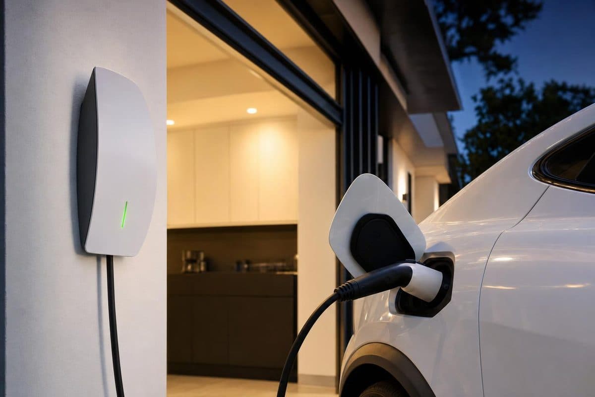 Electric vehicle charging from a wall charger at home at dusk