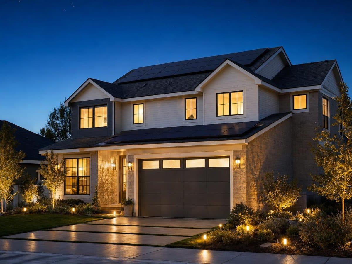 Home glowing at dusk with solar panels on the roof