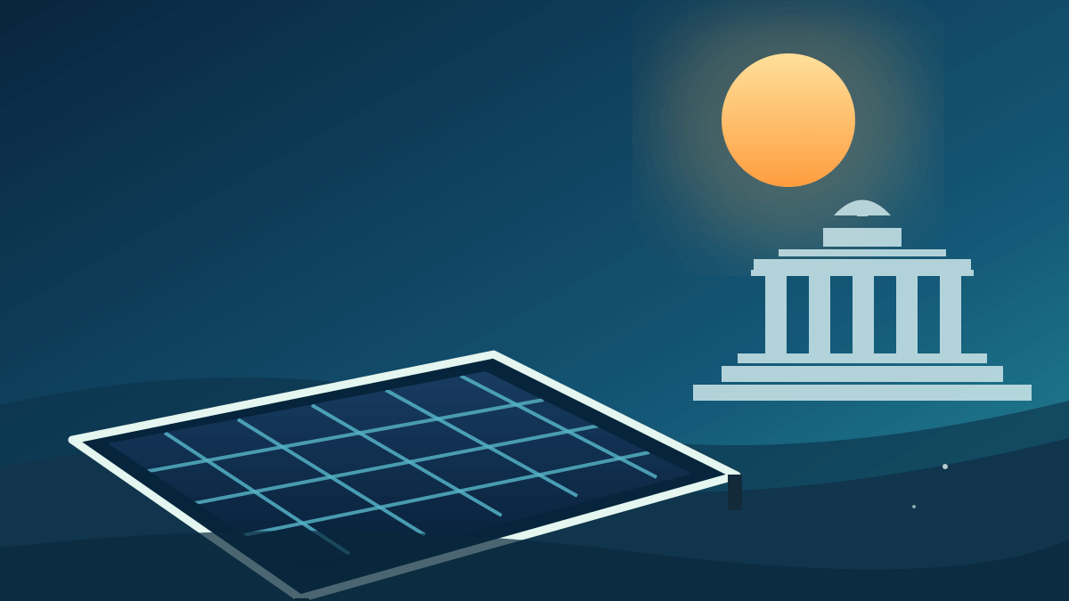 Original illustration of rooftop solar panels and the U.S. Capitol