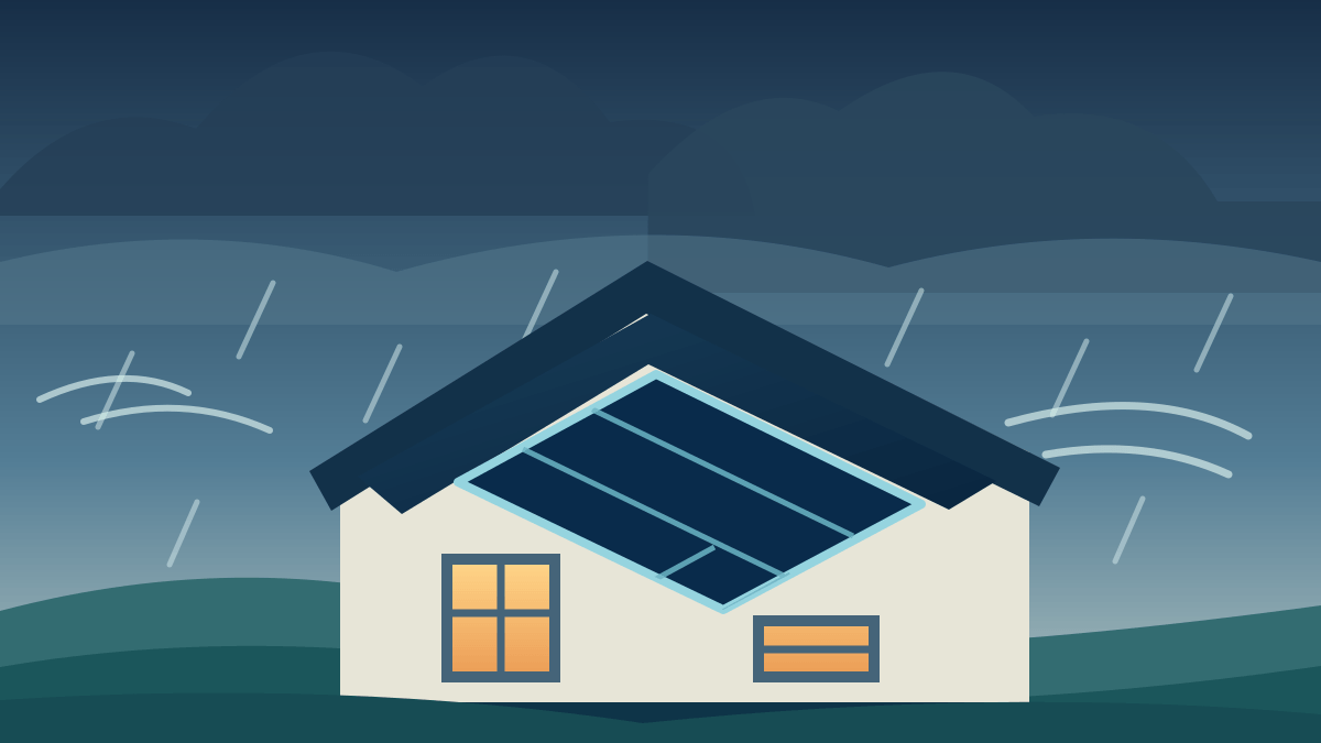 Original illustration of rooftop solar panels during a coastal storm